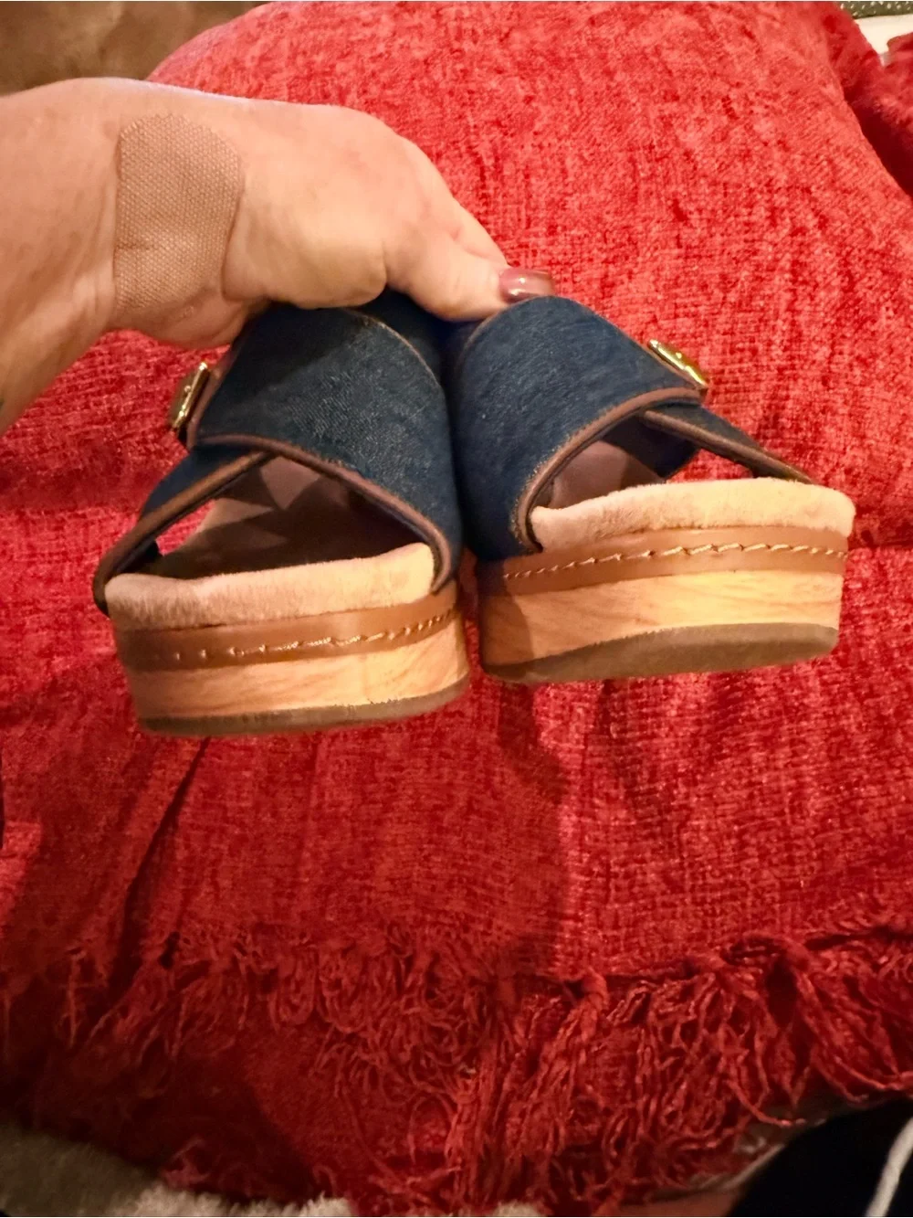 Clarks Denim Crossover Wedge Sandals with Tan Accents